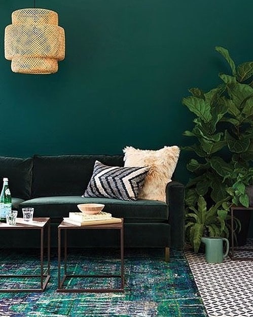 16. Minimalist Dark Green Living Room with Botanical Decor - dark green living room ideas