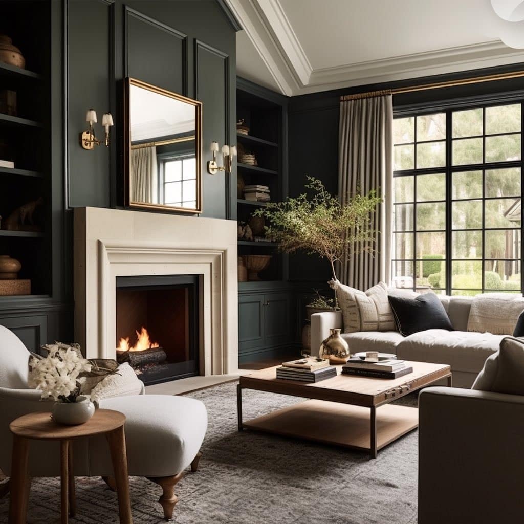 20. Classic Dark Green Living Room with White Fireplace - dark green living room ideas