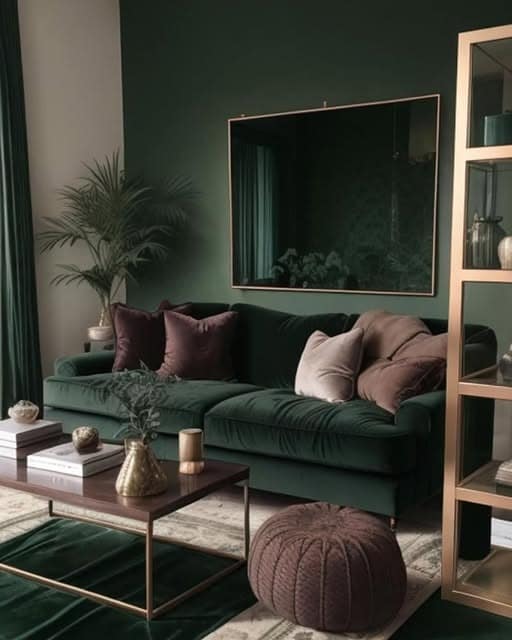 22. Dark Green Living Room with Velvet Sofa and Brass Accents - dark green living room ideas