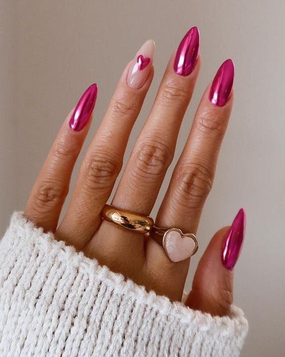 1. Chrome Magenta Almond Nails - valentine's day nail ideas