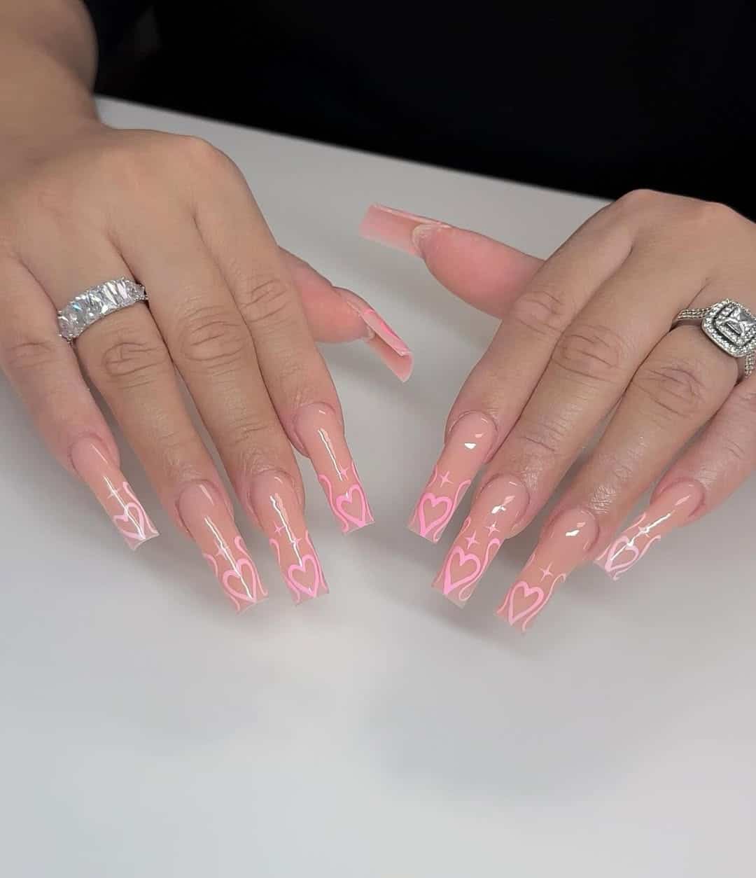 2. Pink Heart French Coffin Nails - valentine's day nail ideas