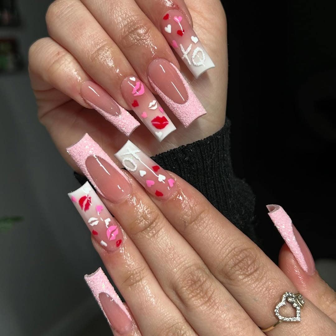 6. Pink XO Glitter Coffin Nails - valentine's day nail ideas