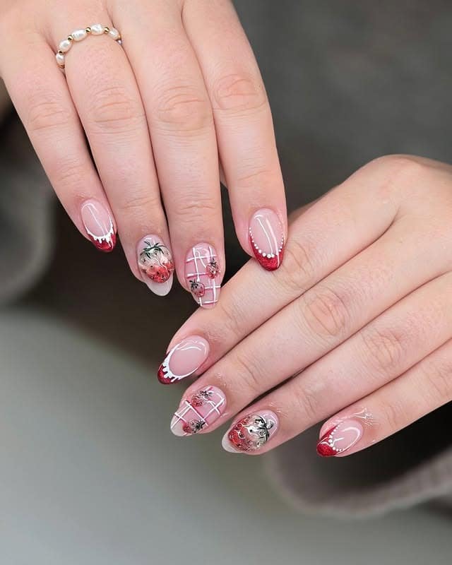 7. Strawberry Red French Almond Nails - valentine's day nail ideas