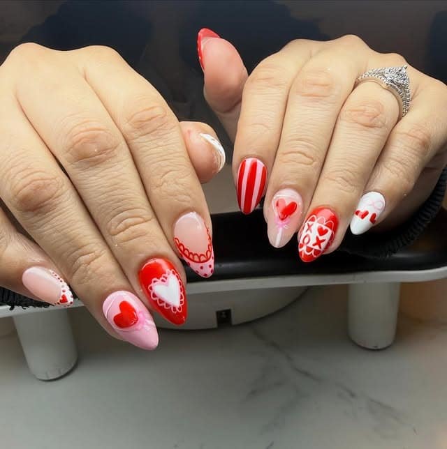 9. Red Heart Mix and Match Almond Nails - valentine's day nail ideas