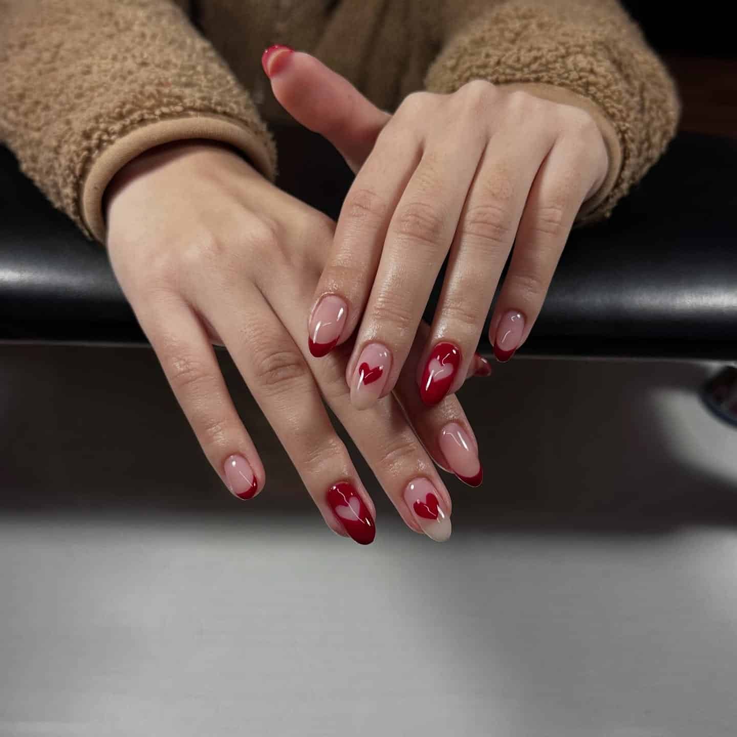 10. Burgundy Heart French Almond Nails - valentine's day nail ideas
