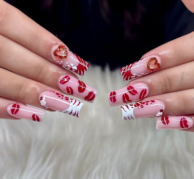 13. Red Lips Coffin Statement Nails - valentine's day nail ideas