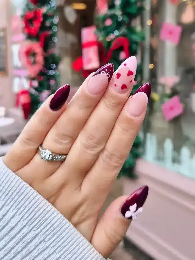 15. Burgundy Heart Almond Nails - valentine's day nail ideas