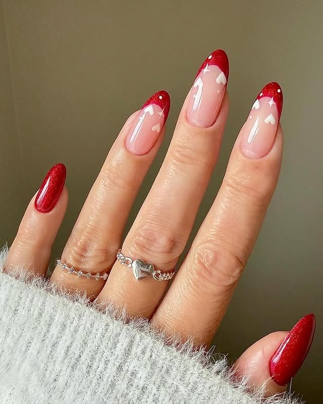 16. Red Glitter French Almond Nails - valentine's day nail ideas