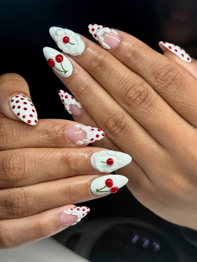 17. Cherry Whipped Cream Almond Nails - valentine's day nail ideas