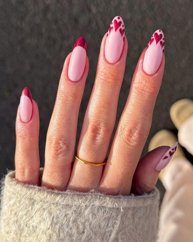 19. Burgundy French Heart Almond Nails - valentine's day nail ideas