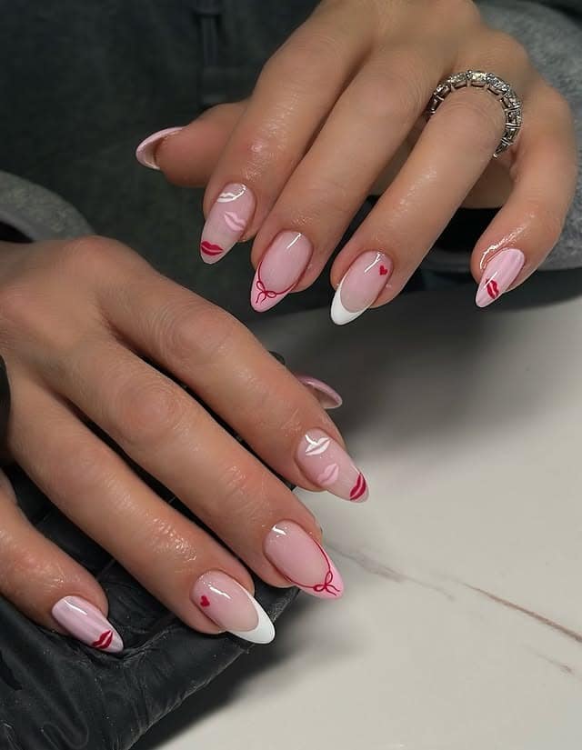 22. Blush French Ribbon Almond Nails - valentine's day nail ideas
