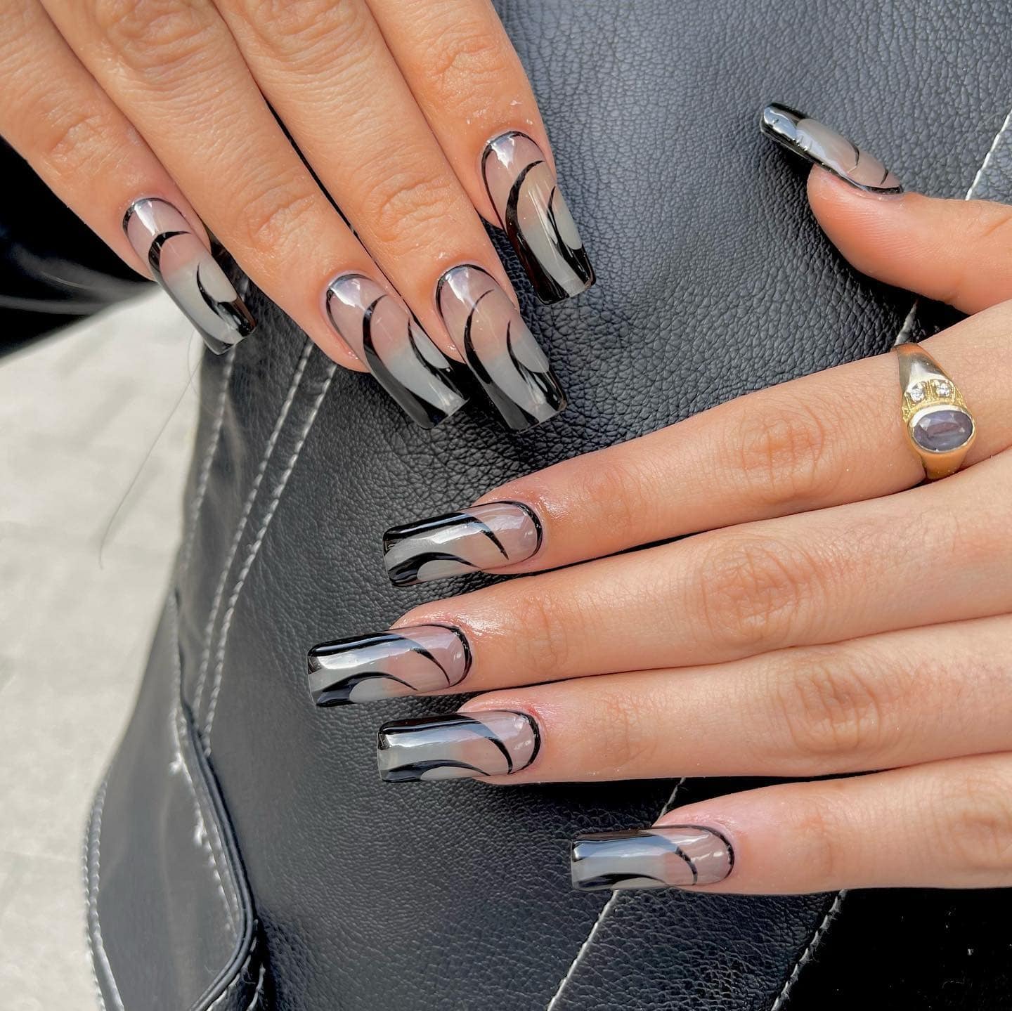 5. Smoky Black Abstract Square Nails - classy black nail ideas