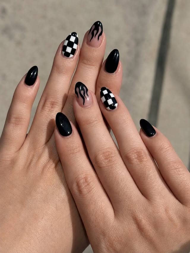 11. Black Flame and Checkerboard Almond Nails - classy black nail ideas