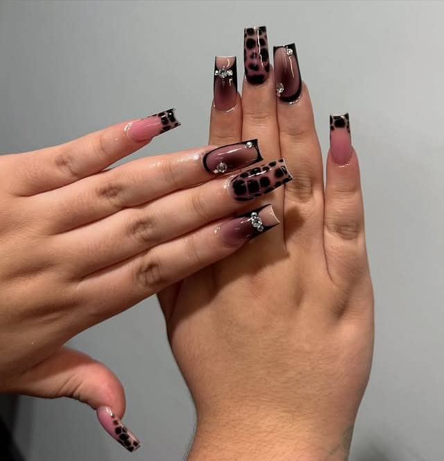 15. Black Ombre Leopard Coffin Nails with Rhinestones - classy black nail ideas