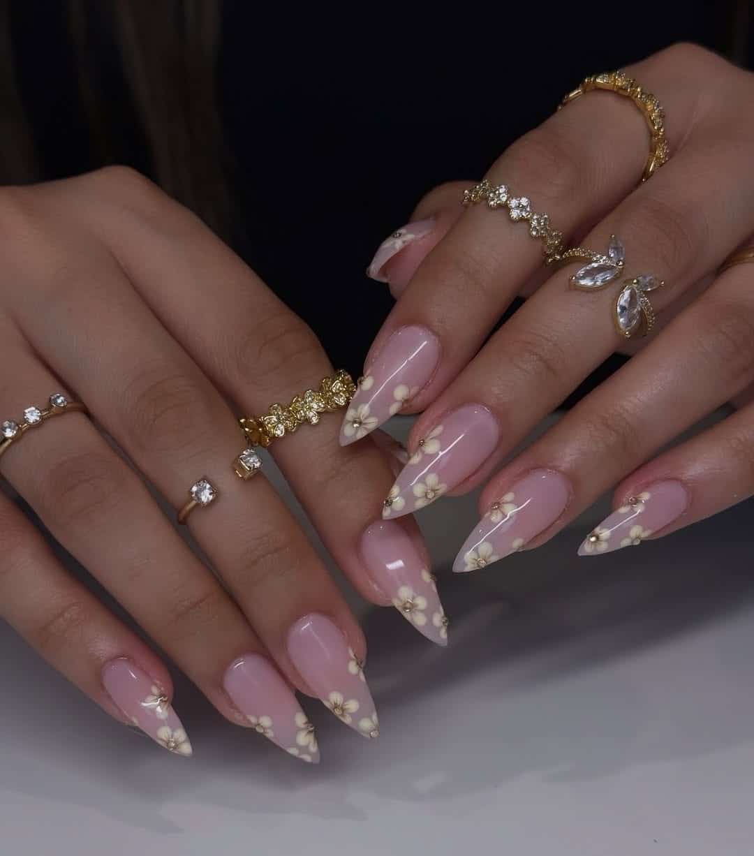 2. Blush Pink Floral Almond Nails - cute and easy nail ideas