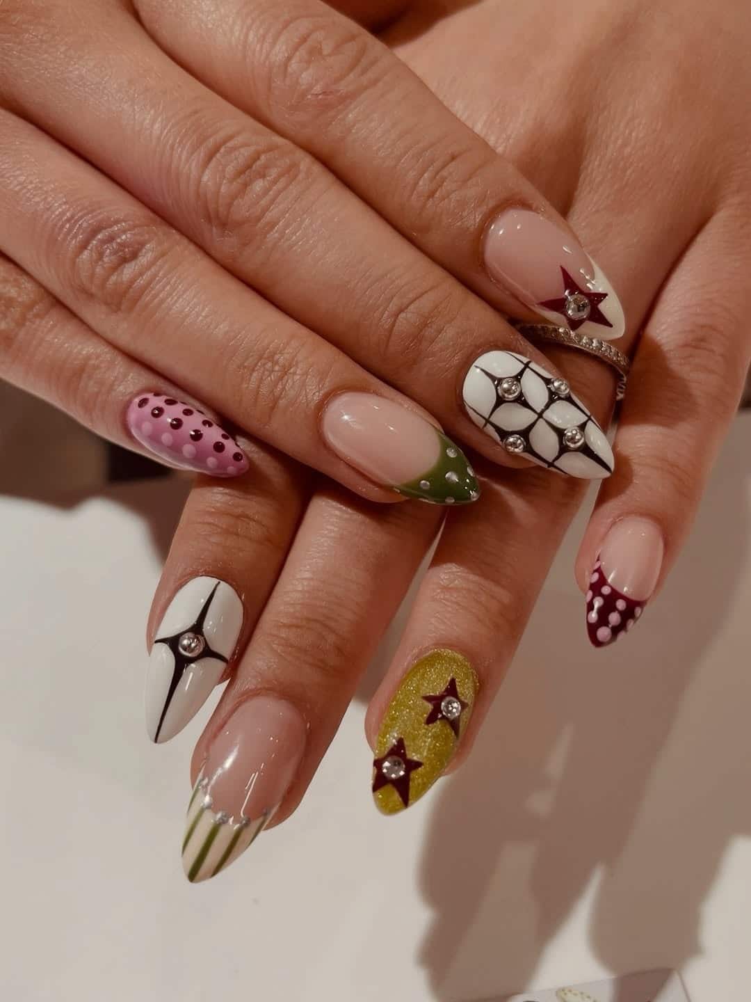 3. Retro Mixed Pattern Almond Nails - cute and easy nail ideas
