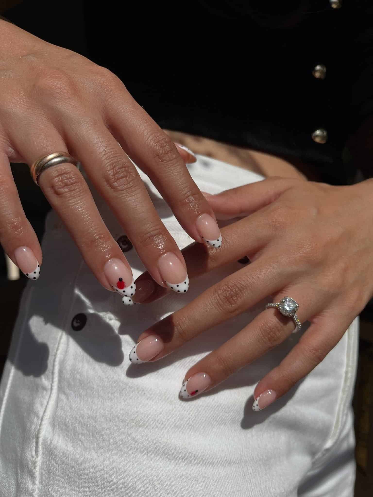 13. White Polka Dot French Almond Nails - cute and easy nail ideas