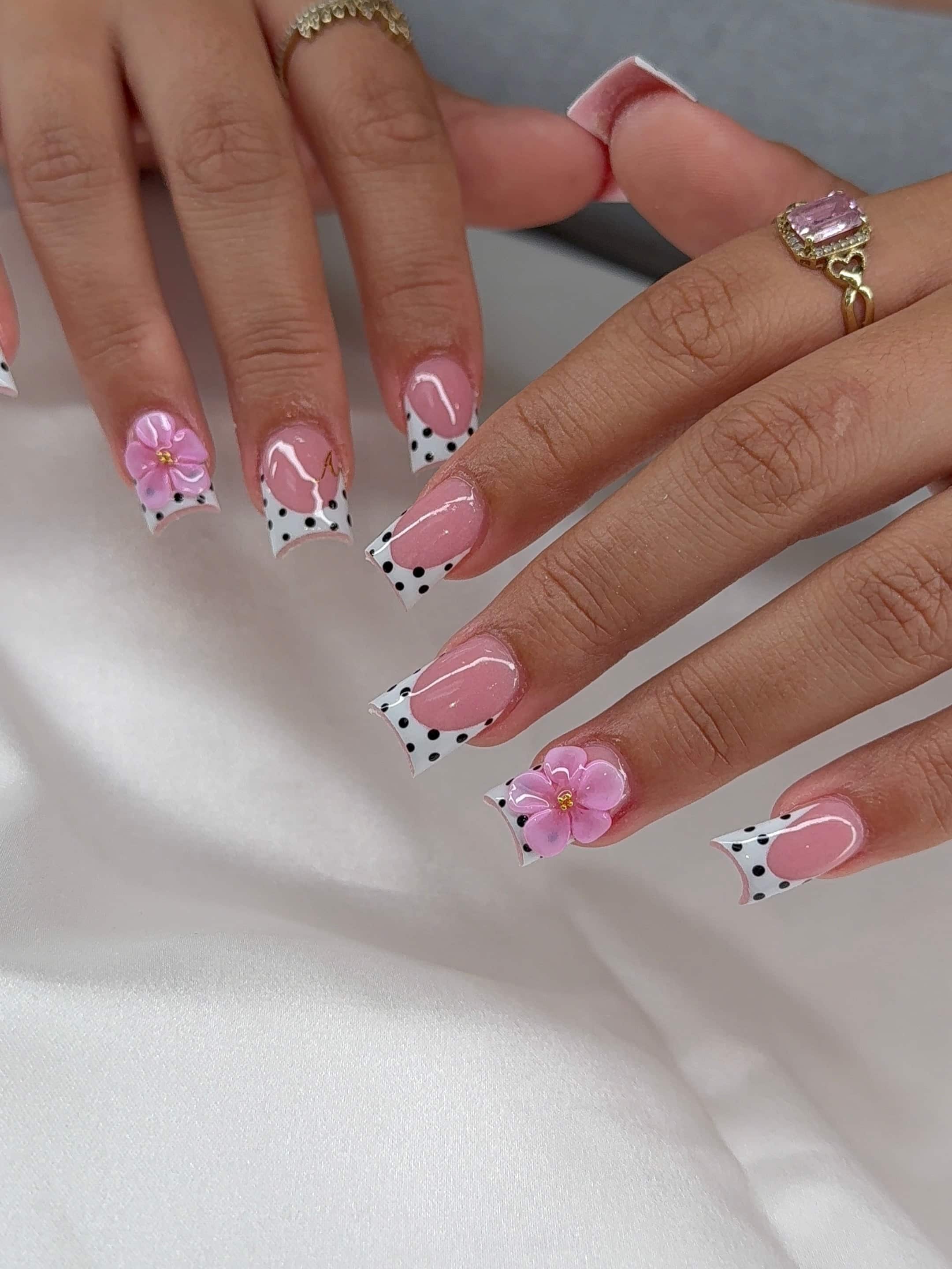 14. Pink Polka Dot Square Nails with 3D Flowers - cute and easy nail ideas