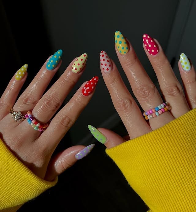 21. Rainbow Polka Dot Almond Nails - cute and easy nail ideas