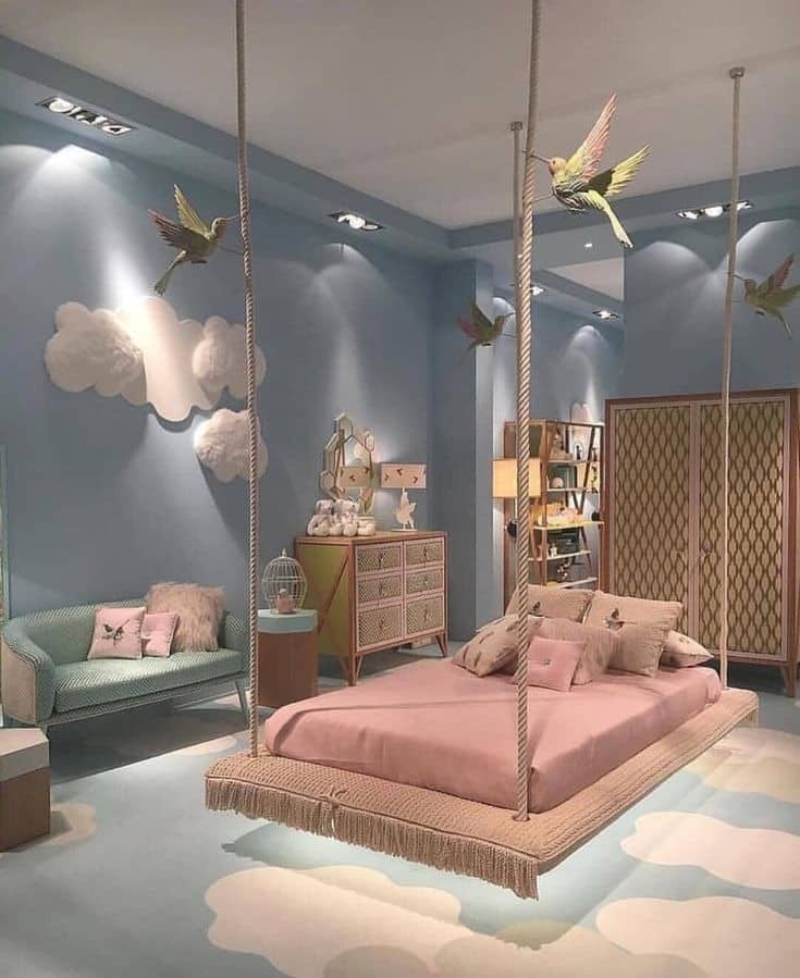 2. Sky Blue Princess Bedroom Idea with Swing Bed - princess bedroom ideas