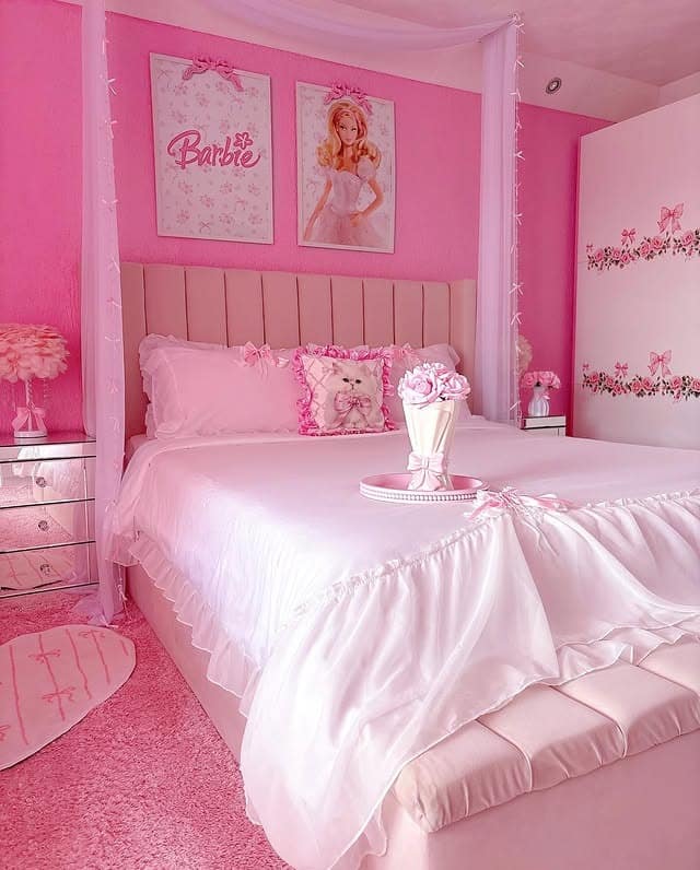 14. Barbie Pink Princess Bedroom Idea with Floral Accents - princess bedroom ideas