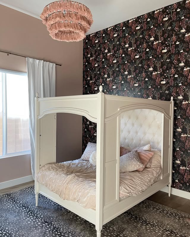 16. White Canopy Princess Bedroom Idea with Floral Wallpaper - princess bedroom ideas