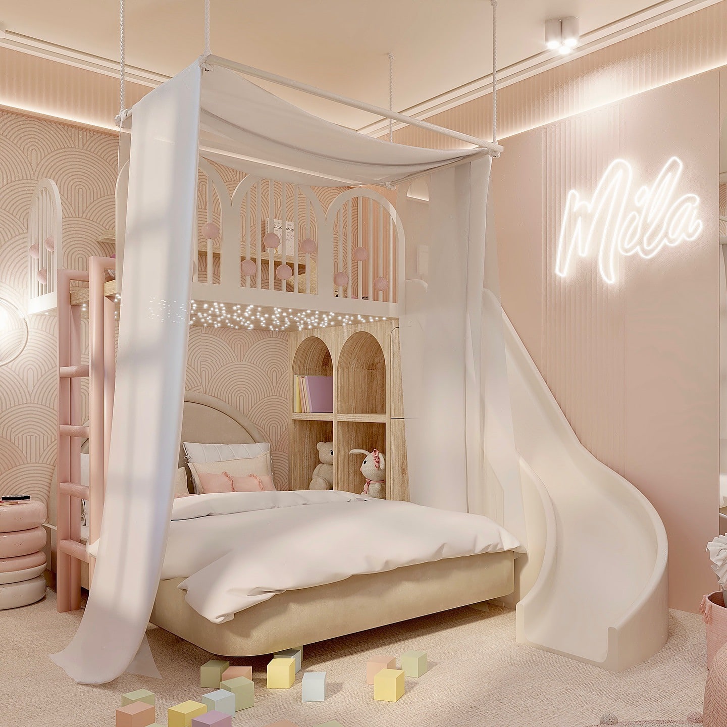 19. Blush Pink Loft Princess Bedroom Idea - princess bedroom ideas