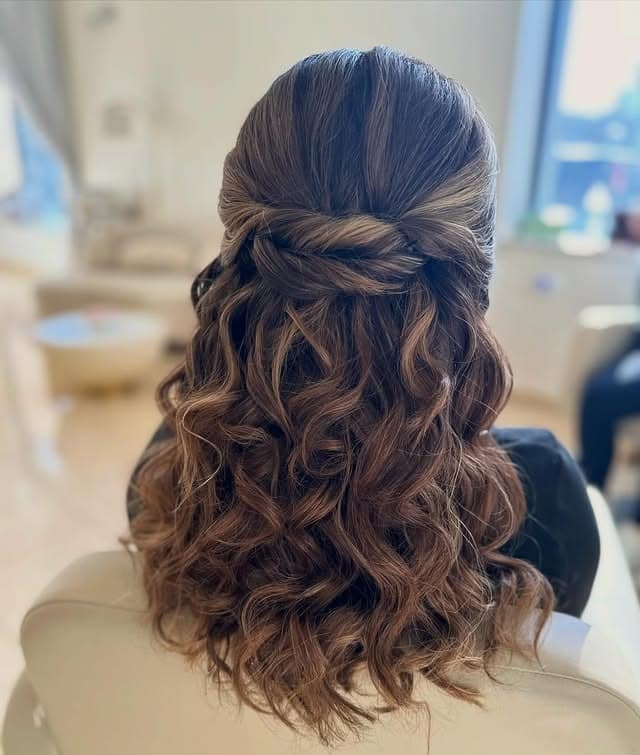 1. Twisted Half-Up Brunette Balayage Waves - Wedding Hairstyles