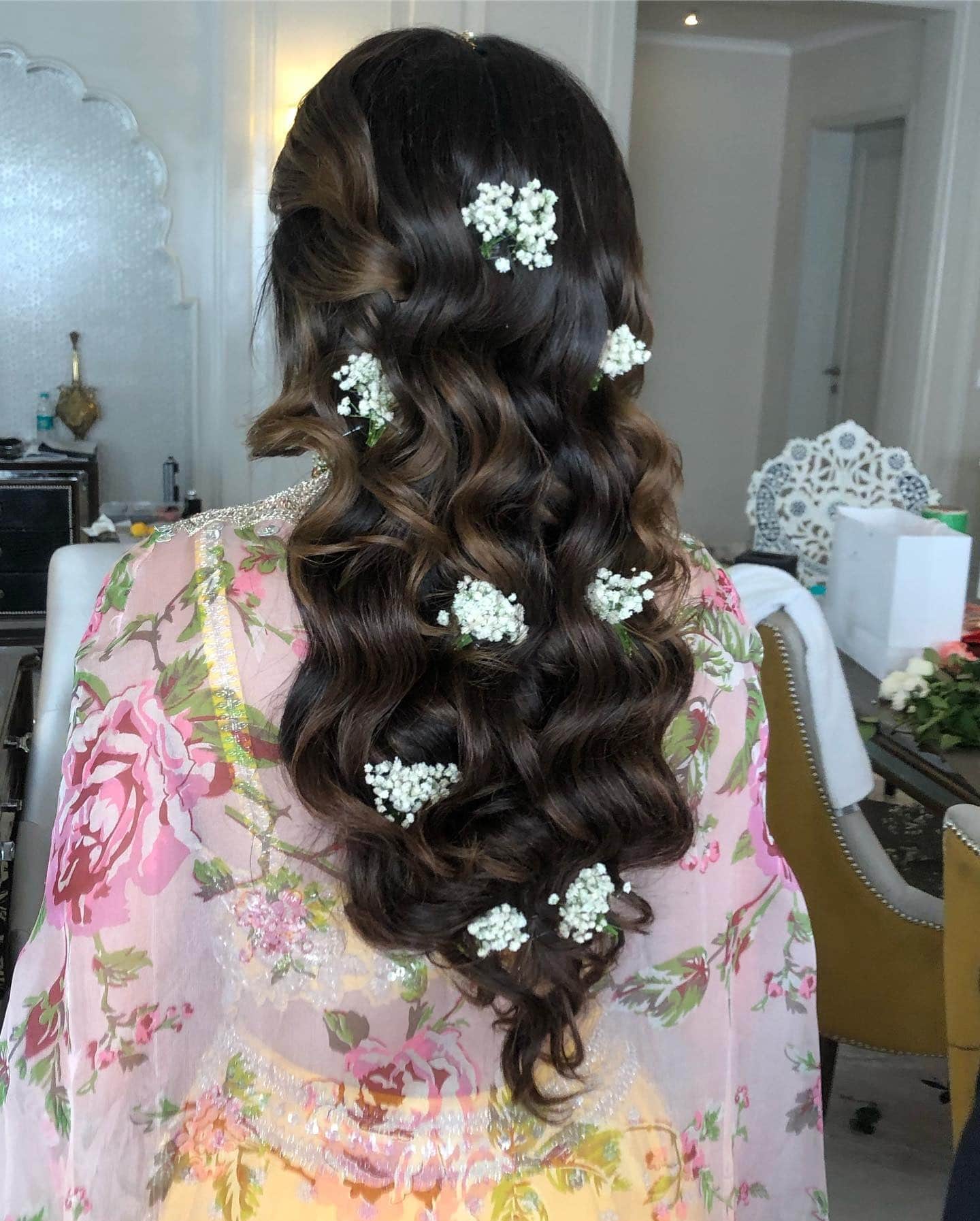 2. Romantic Dark Brown Hollywood Waves with Baby's Breath - Wedding Hairstyles