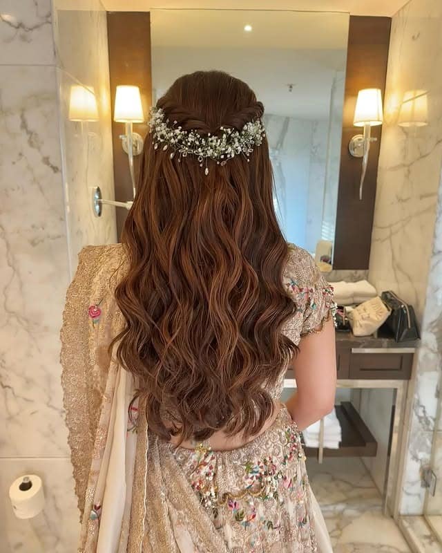 5. Chestnut Brown Half-Up Waves with Crystal Floral Crown - Wedding Hairstyles