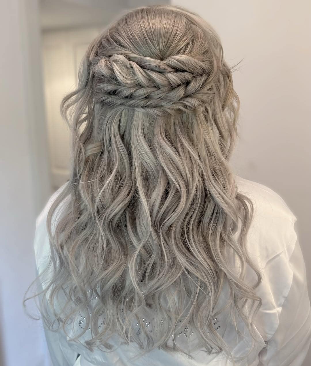 7. Icy Platinum Braided Half-Up Waves - Wedding Hairstyles