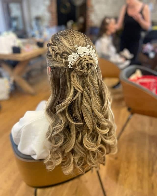10. Braided Honey Blonde Half-Up Bun with Loose Curls - Wedding Hairstyles