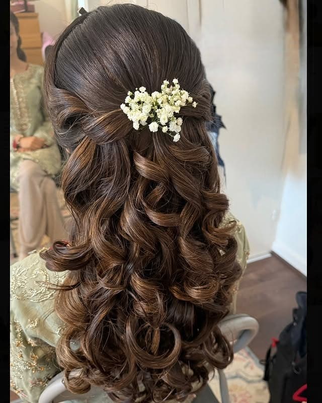 12. Chocolate Brown Half-Up Curls with Baby's Breath - Wedding Hairstyles