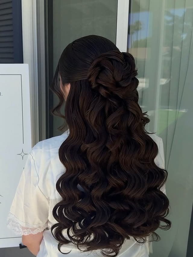 13. Espresso Brown Half-Up Rosette Waves - Wedding Hairstyles