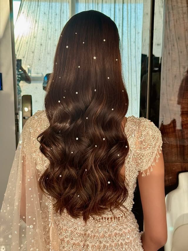 16. Dark Chestnut Glam Waves with Pearl Accents - Wedding Hairstyles