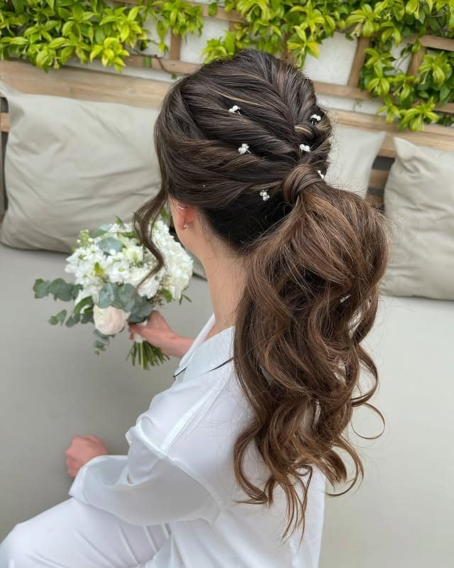18. Mocha Brown Twisted Low Ponytail - Wedding Hairstyles