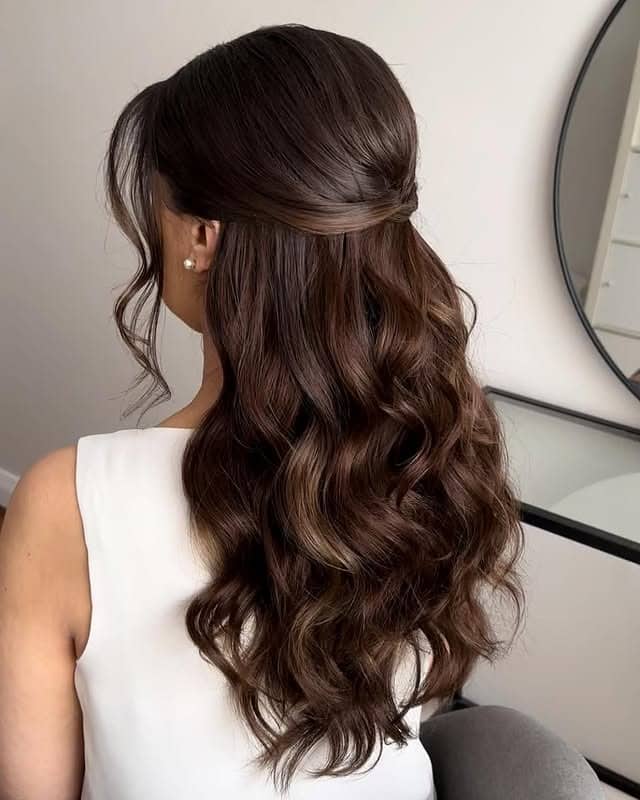 20. Dark Chocolate Half-Up Loose Waves - Wedding Hairstyles