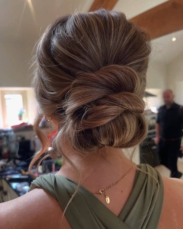 21. Soft Mocha Brown Textured Bridal Low Bun - Wedding Hairstyles