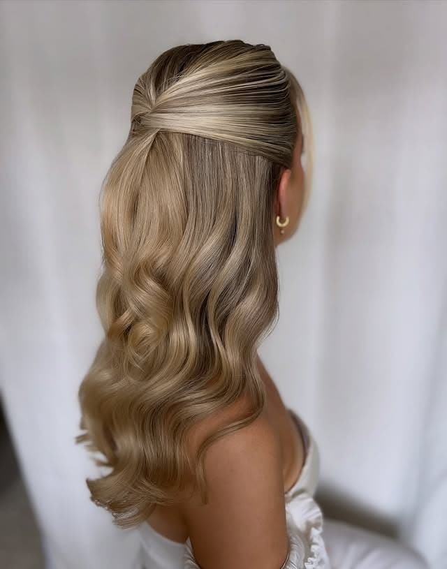 22. Champagne Blonde Half-Up Waves - Wedding Hairstyles