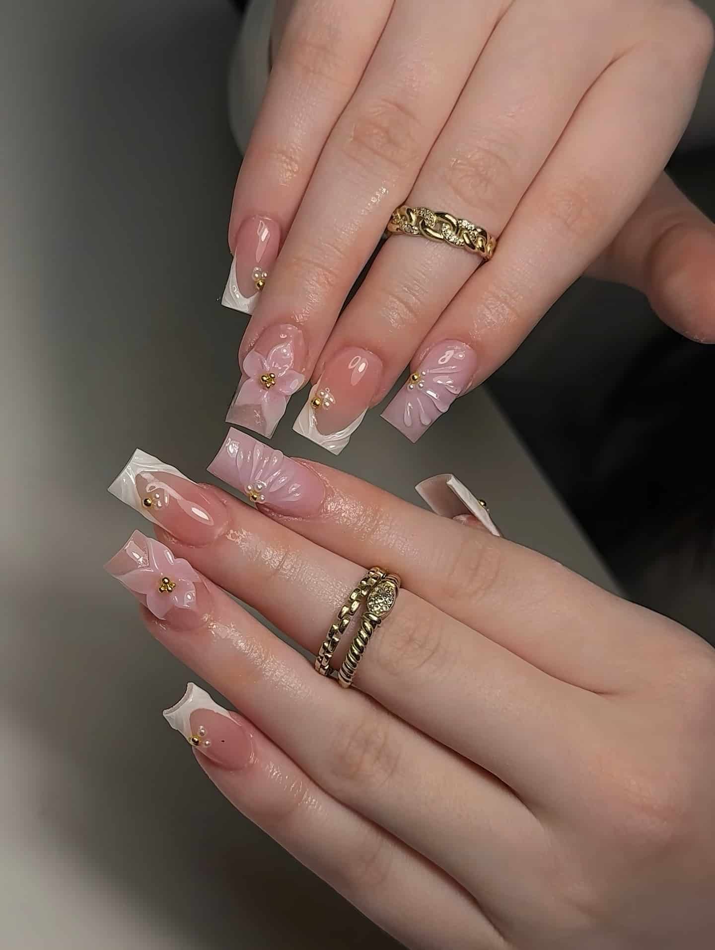 1. Pink Floral French Tip Square Nails - cute simple nail ideas