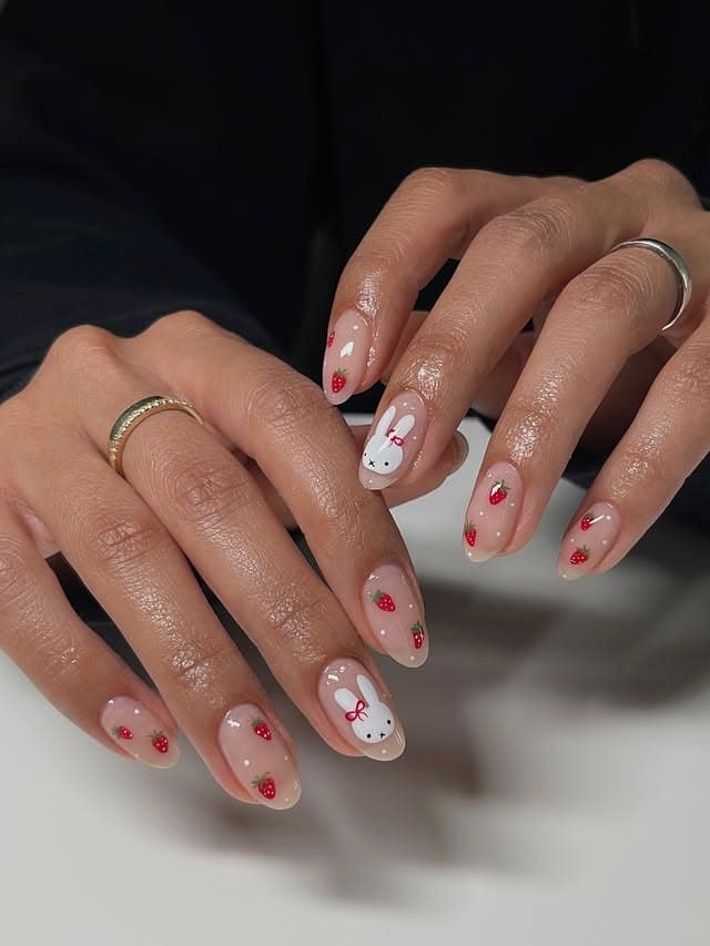 2. Nude Almond Strawberry Bunny Nails - cute simple nail ideas