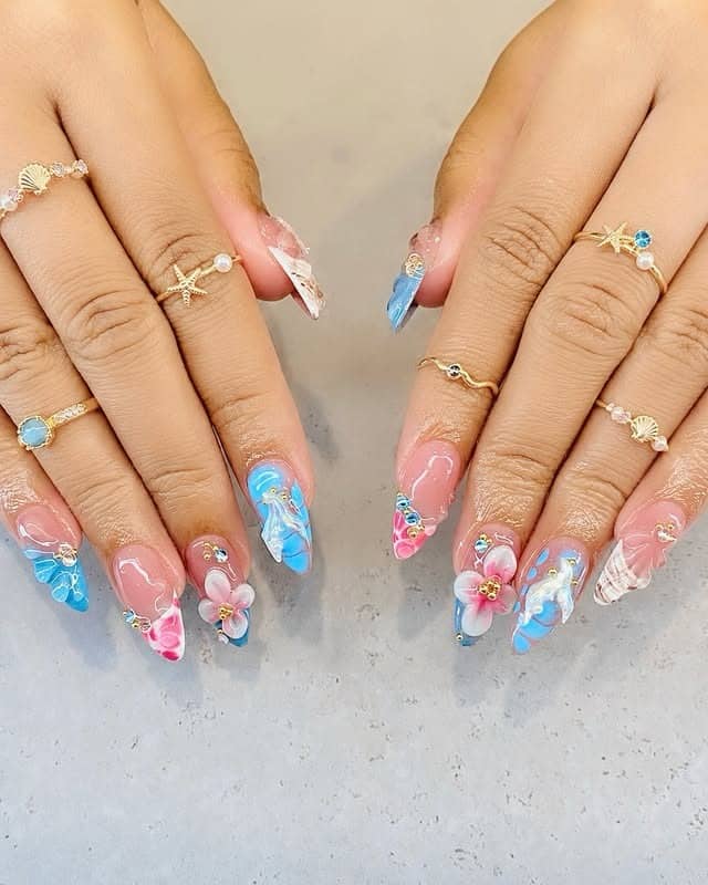 3. Tropical Blue and Pink Floral Almond Nails - cute simple nail ideas