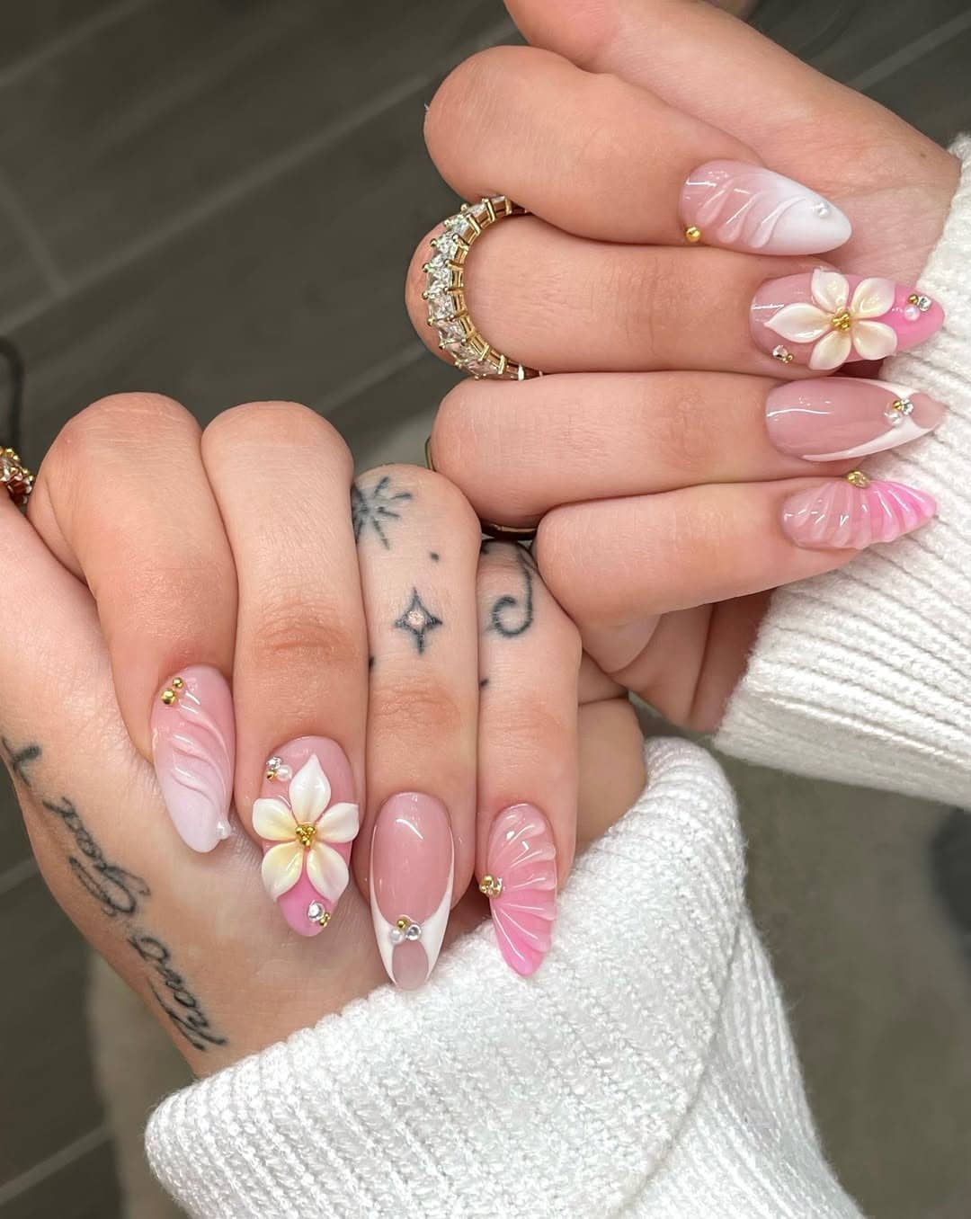 5. Pink Hibiscus French Almond Nails - cute simple nail ideas