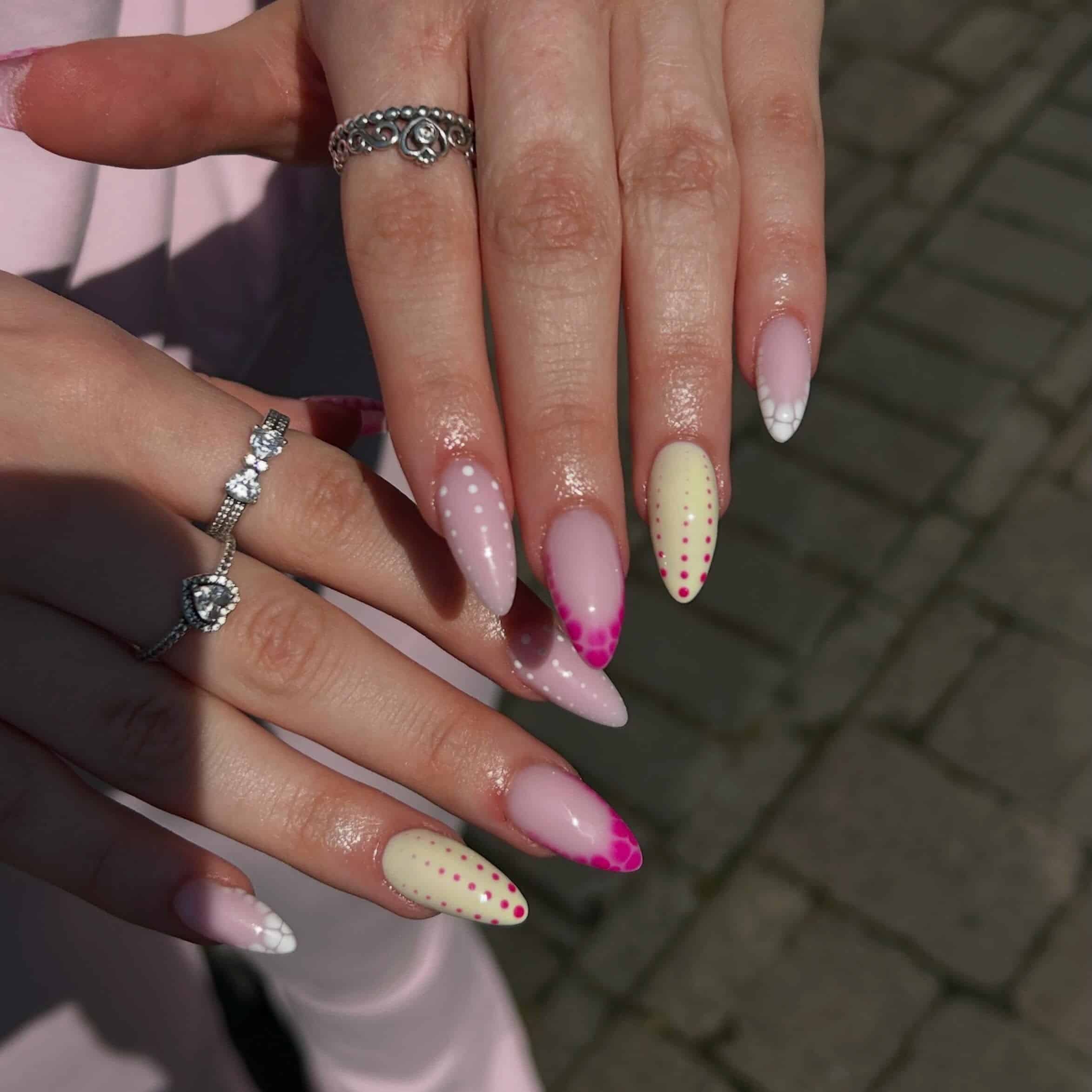7. Soft Pink Dot Gradient Almond Nails - cute simple nail ideas