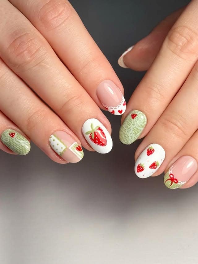 8. Strawberry Green Short Oval Nails - cute simple nail ideas