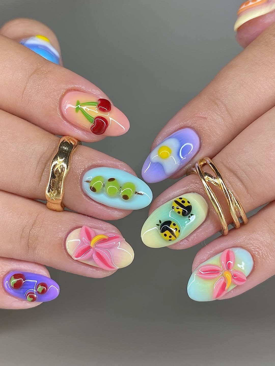 9. Pastel Fruit Garden Almond Nails - cute simple nail ideas