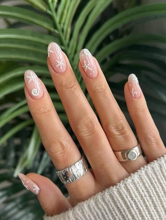 11. Soft Pink Seashell Almond Nails - cute simple nail ideas
