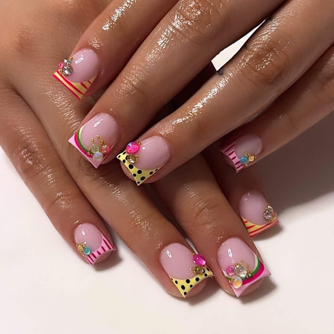 12. Pink and Yellow Patterned Square French Nails - cute simple nail ideas