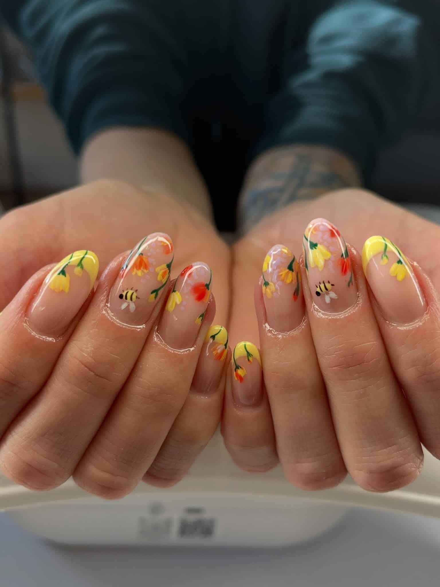 13. Yellow Floral Bee Almond Nails - cute simple nail ideas