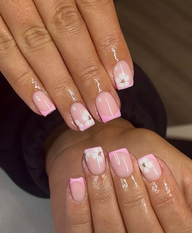 15. Baby Pink Floral Square Nails - cute simple nail ideas
